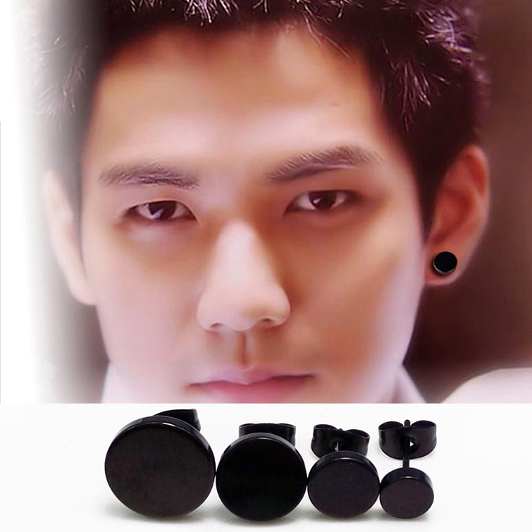 Men's Round Cake Black Titanium Steel Thin Earrings