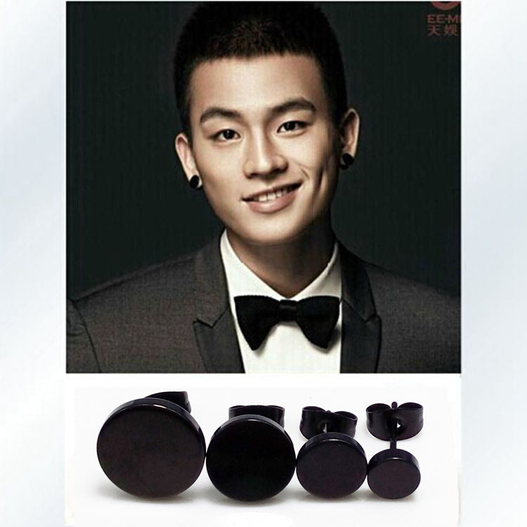 Men's Round Cake Black Titanium Steel Thin Earrings