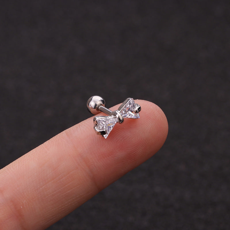 Heart Bow Tie Screw With Ball Earrings