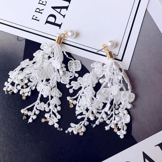 Temperamental Tassels Lace Flower Rhinestone Pearl Earrings