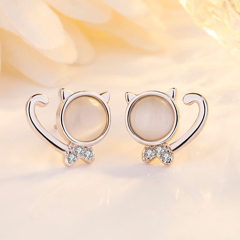 Style Female Cute Sweet Temperament Cat Opal Earrings