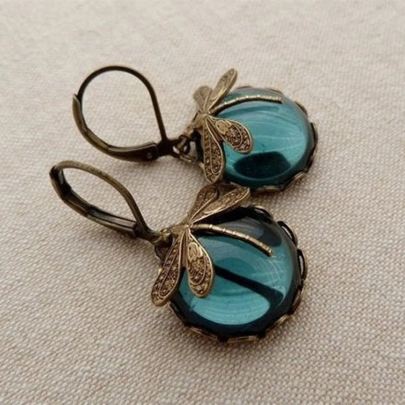 Women's Ornament Vintage Dragonfly Pattern Distressed Moonstone Earrings