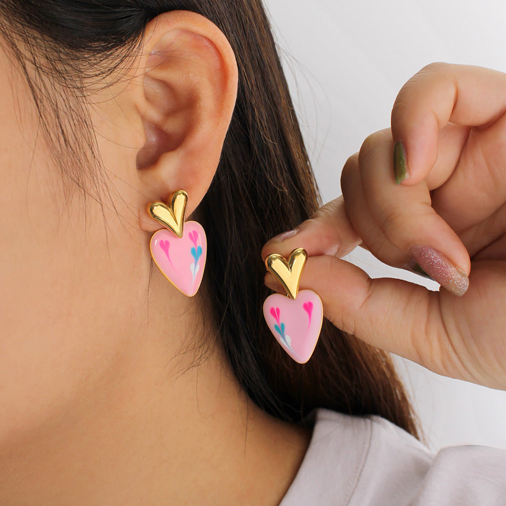 Colored Loving Heart Drop Oil Fashionable Stainless Steel Heart-shaped Earrings