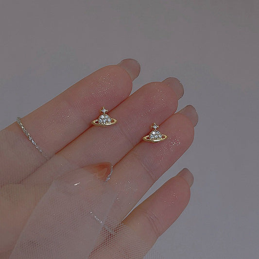 Diamond Saturn Mini Planet Sier Needle Universe Star Earrings