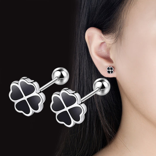 Black Love Heart Female Simple Compact Four-leaf Clover Short Earrings