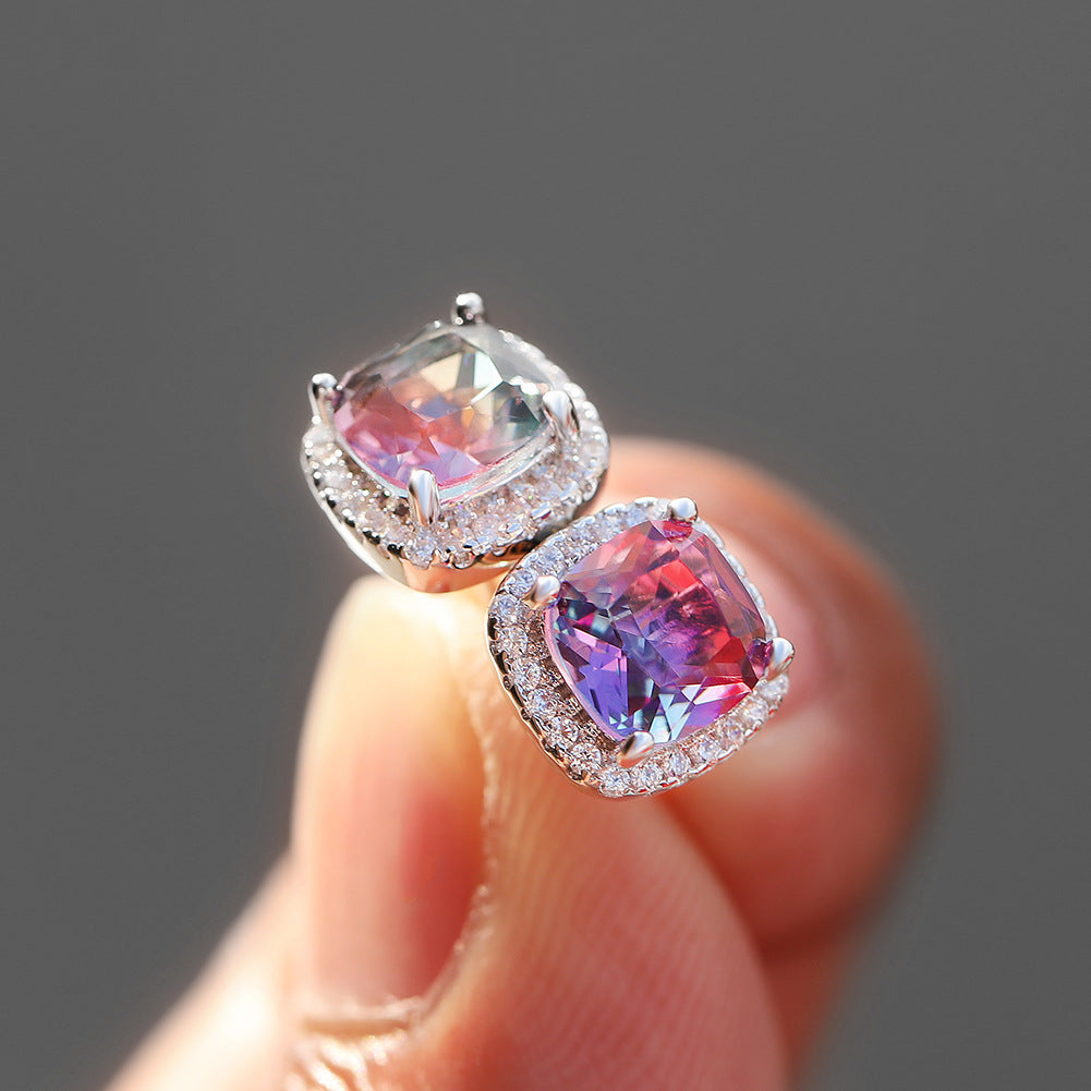 Square Full Diamond Gradient Tourmaline Ear Rings