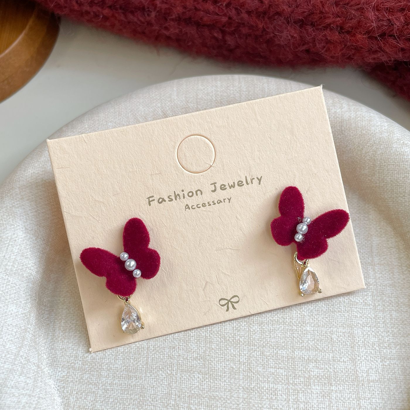 Red Flocking Bow Female Sier Needle Sweet Exquisite Earrings