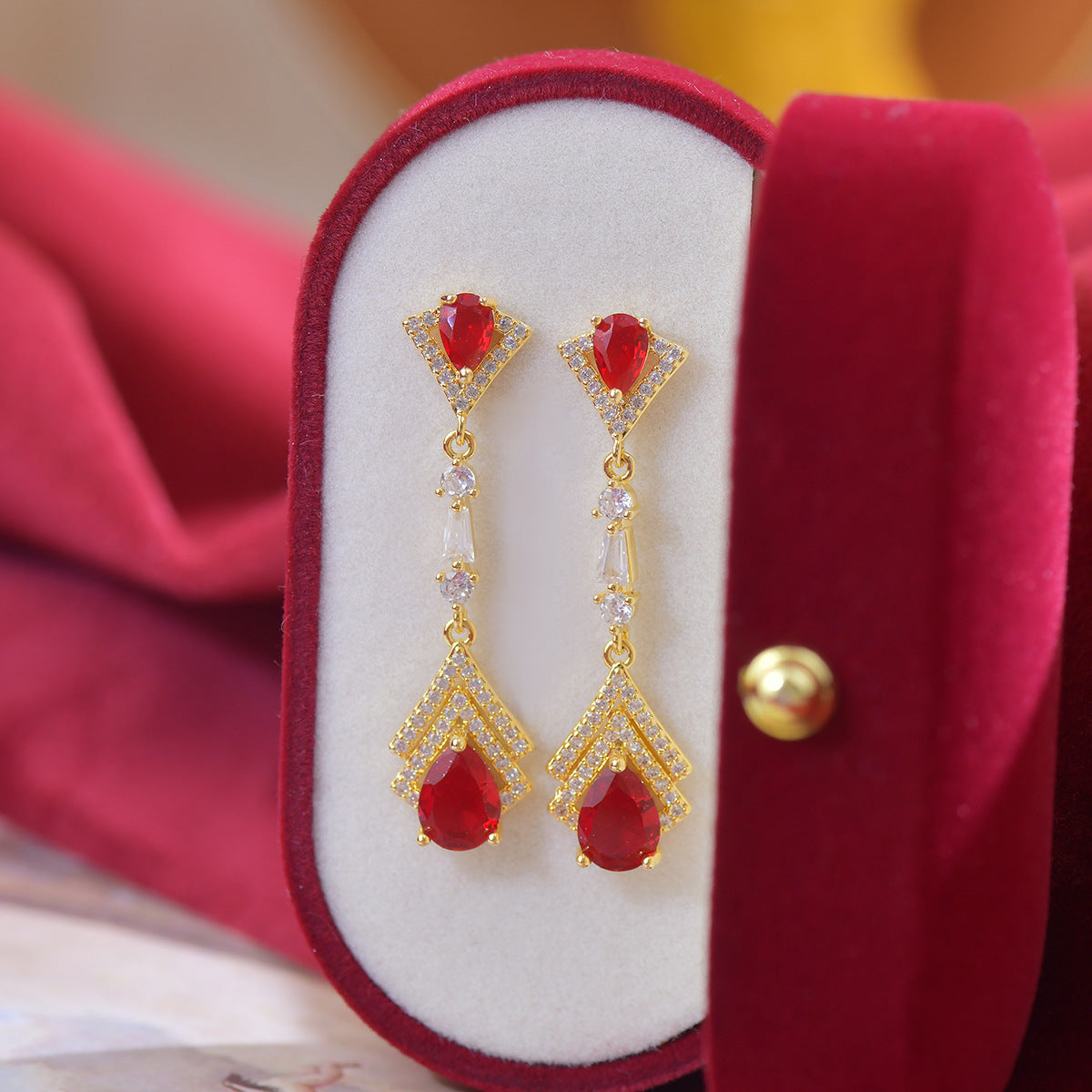 French Style Design Light Luxury Long Zircon Red Earrings