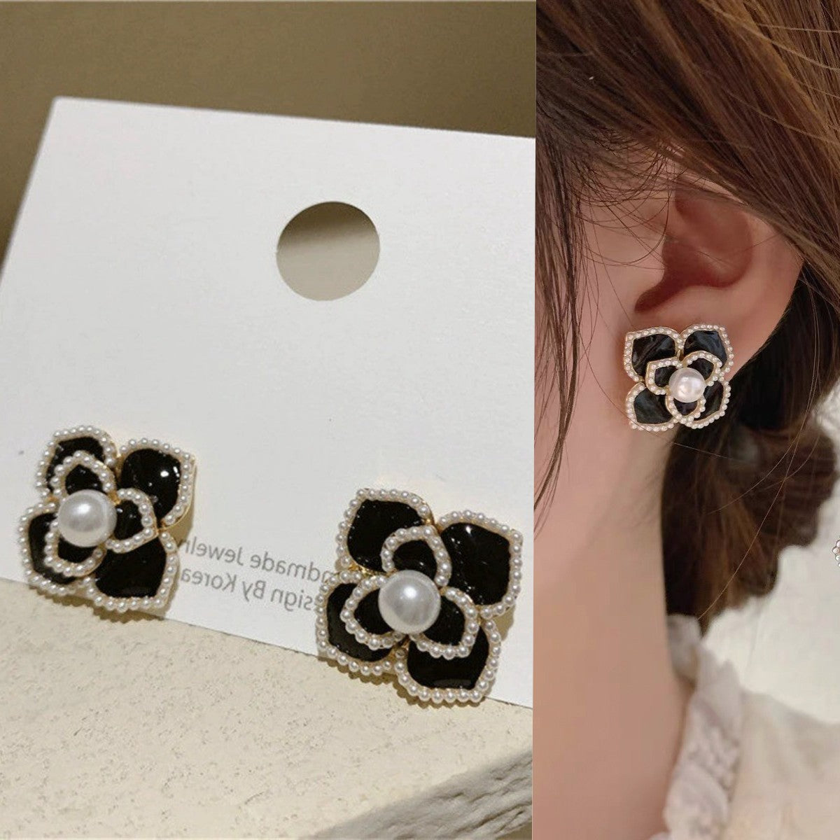 Needle Retro Black Bow Flower French Style Rhinestone Earrings