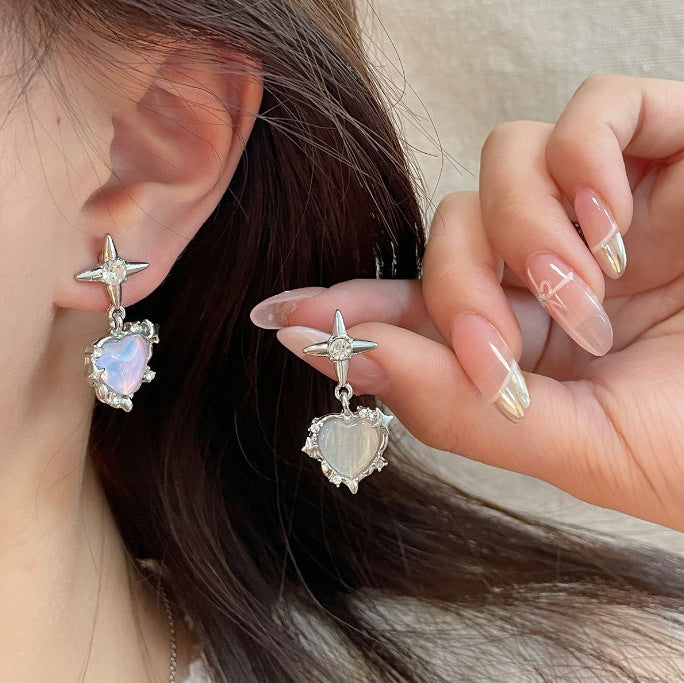 Sier Fashion Love Opal Stone Ear Earrings