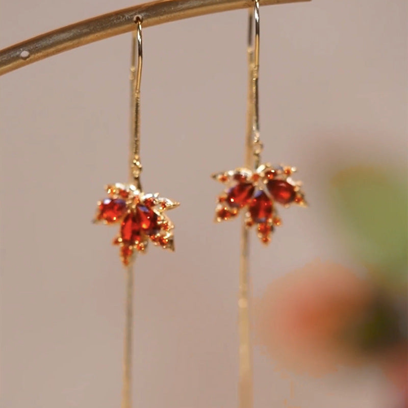 Red Maple Leaf Tassel Light Luxury Earrings