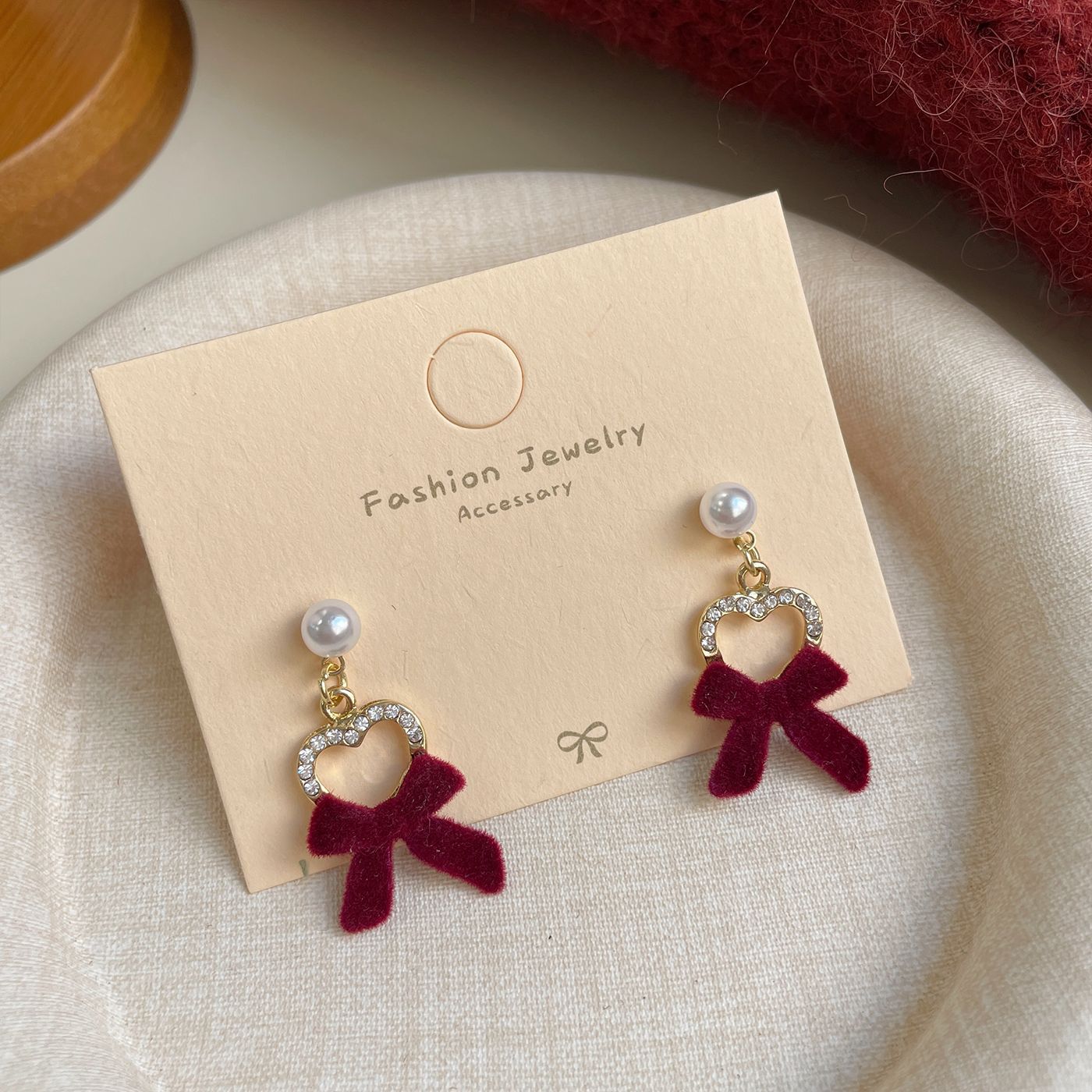 Red Flocking Bow Female Sier Needle Sweet Exquisite Earrings