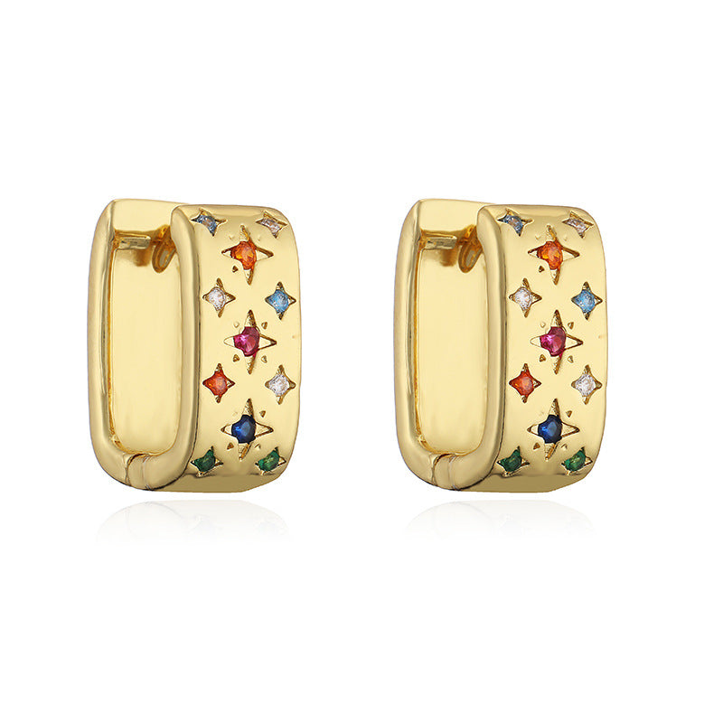 Inlaid Color Diamond Square Ear Clip Earrings