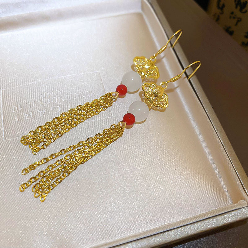 Chinese Style Sier Needle Zircon Tassel Earrings