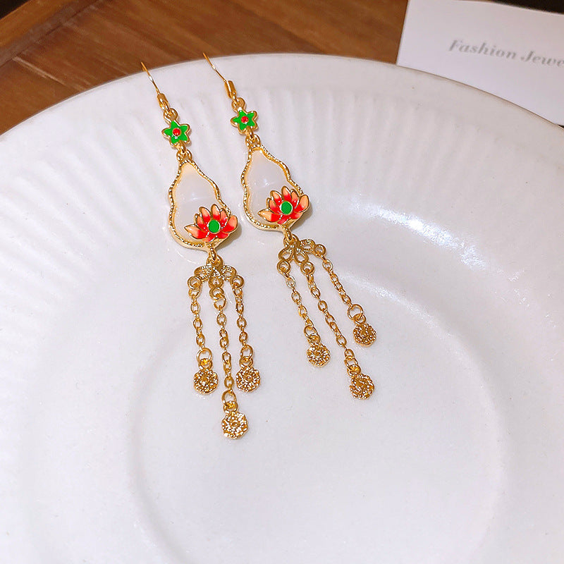 Chinese Style Sier Needle Zircon Tassel Earrings