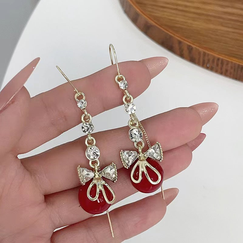 Women's Pearl Bow Long Tassel Ear Thread Trendy Face Earrings