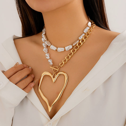 Exaggerated Big Heart Metal Chain Double Necklaces