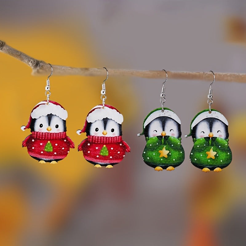 Carnival Party Cute Penguin Dwarf Wooden Earrings