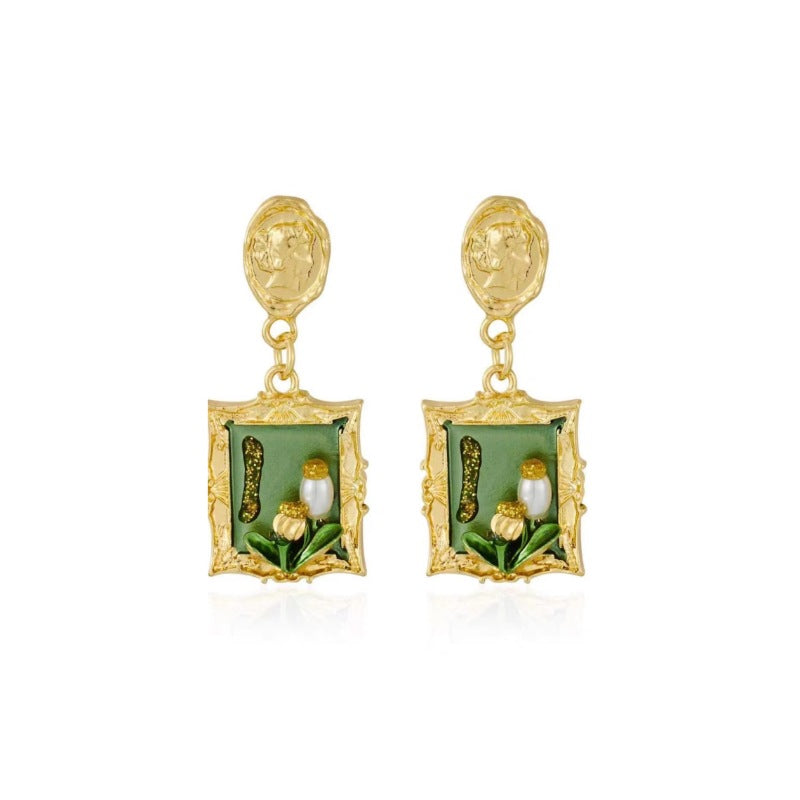 Green Oil Painting Ancient Style Flower Palace Baroque Earrings