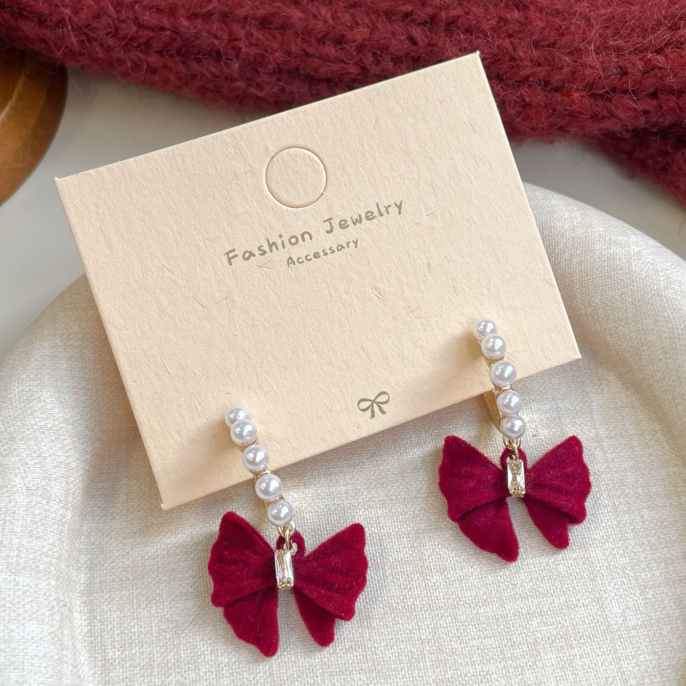 Red Flocking Bow Female Sier Needle Sweet Exquisite Earrings