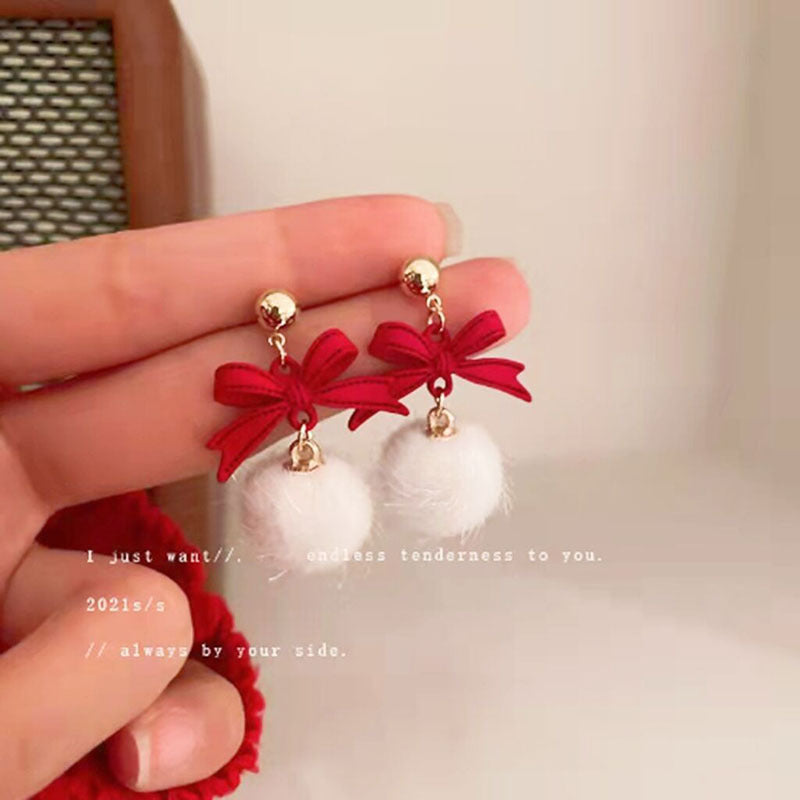 Sier Bow Fluffy Ball Elegant High-grade Earrings