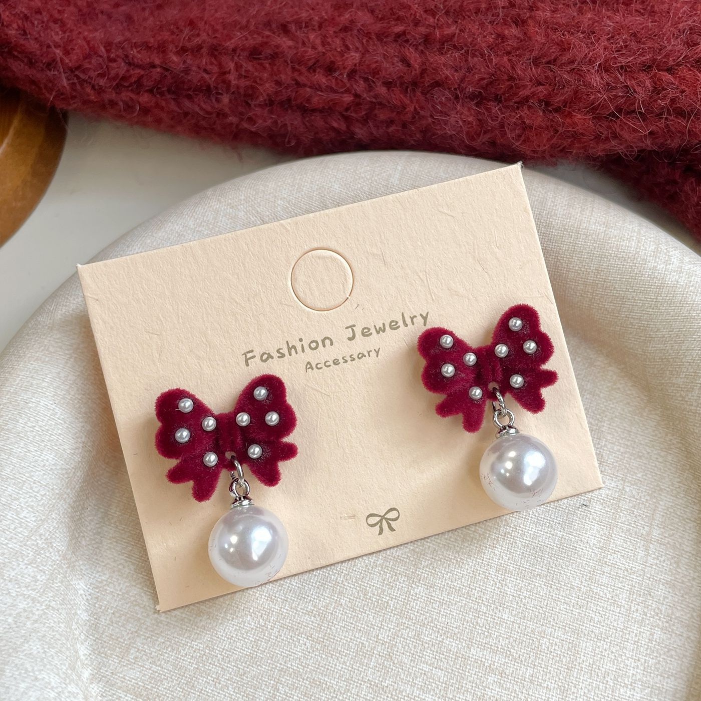 Red Flocking Bow Female Sier Needle Sweet Exquisite Earrings