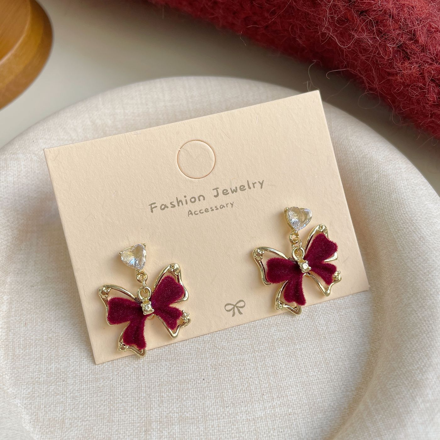 Red Flocking Bow Female Sier Needle Sweet Exquisite Earrings