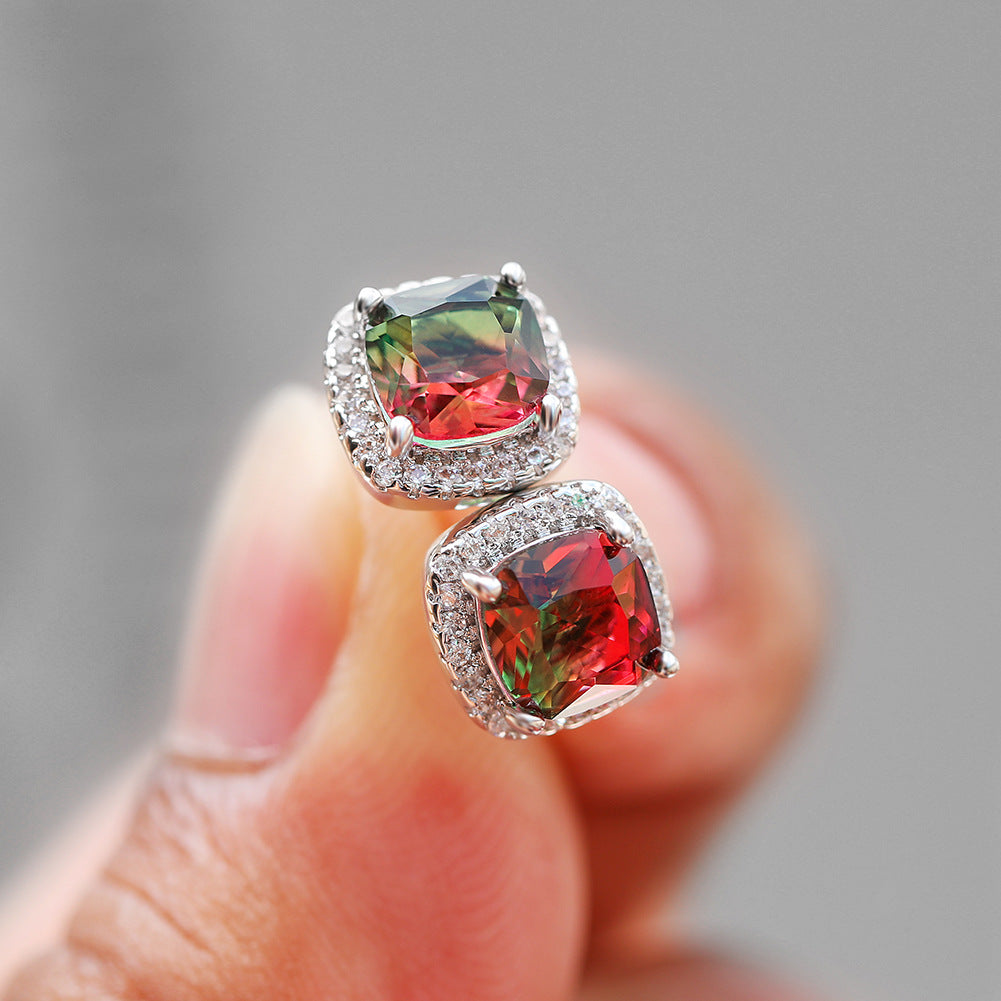 Square Full Diamond Gradient Tourmaline Ear Rings