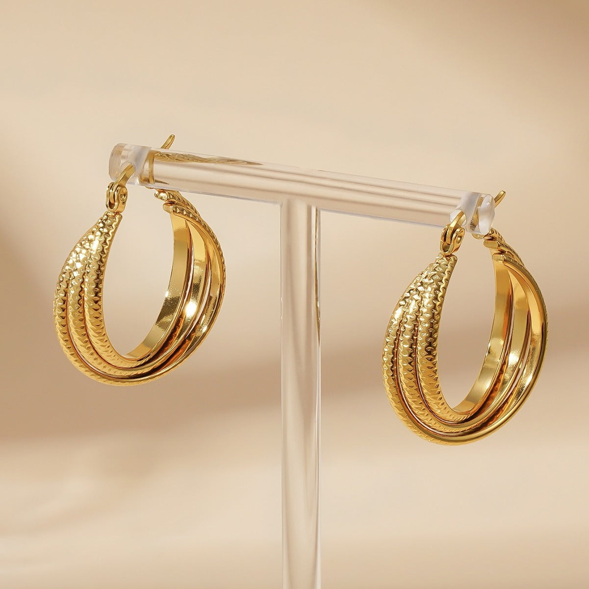 Women's Fashion Three-wire Shaped Stainless Steel Gold Earrings