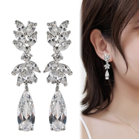 Long Temperament Water Drop Zircon Sier Earrings