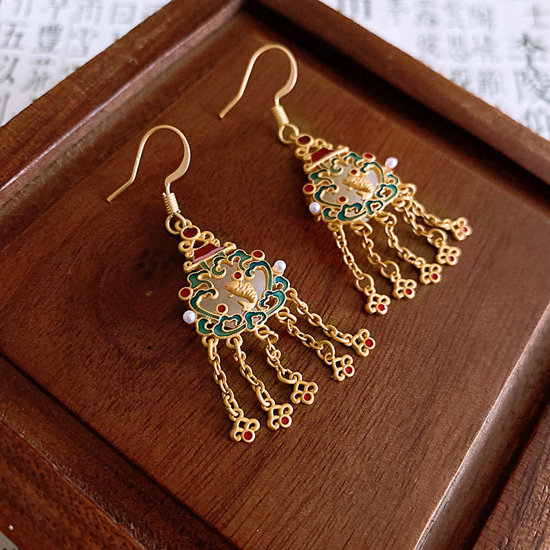 Chinese Style Sier Needle Zircon Tassel Earrings