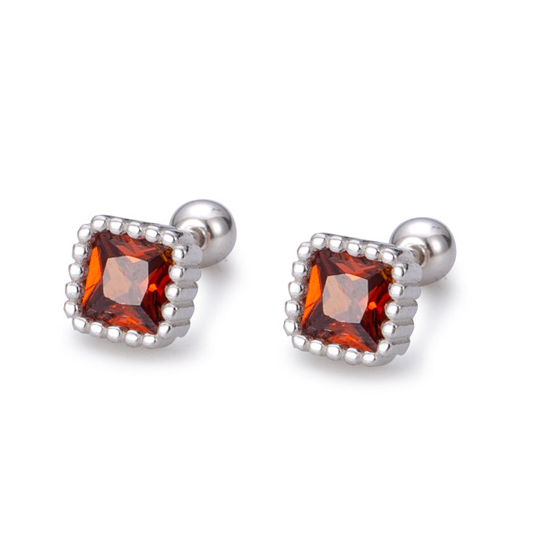 Women's Square Colorful Crystals Screw Simple Small Fine Sterling Sier Earrings