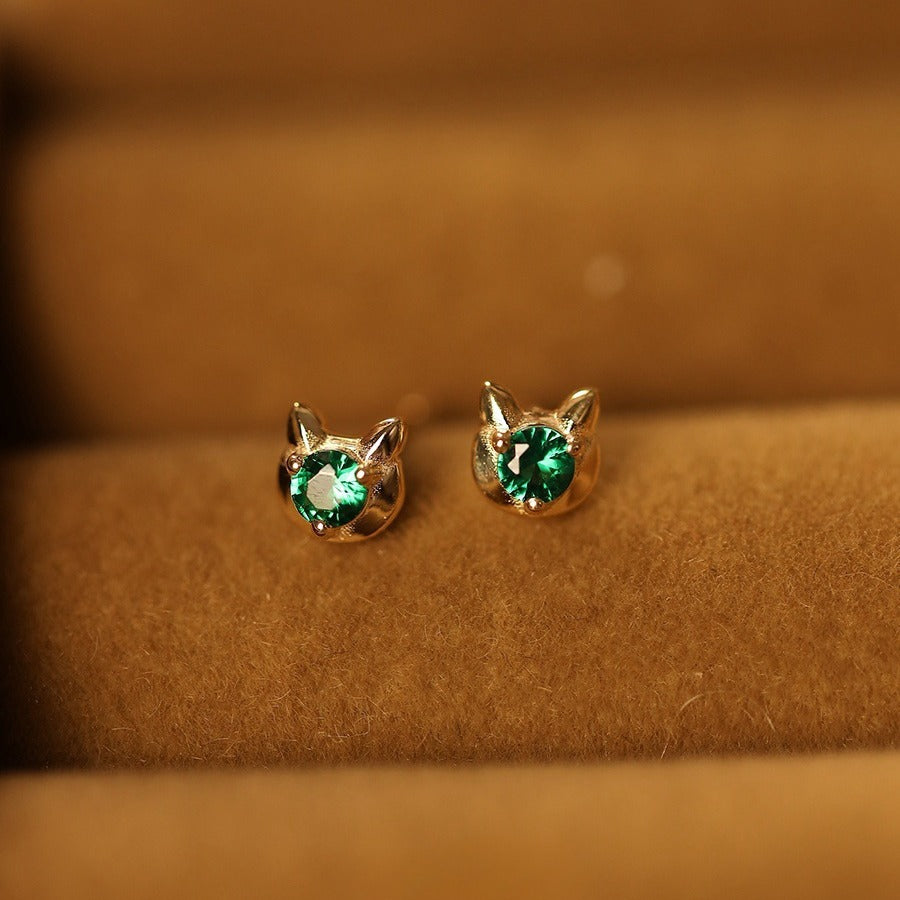 Kitty Sier Plated Emerald Zircon Cute Earrings