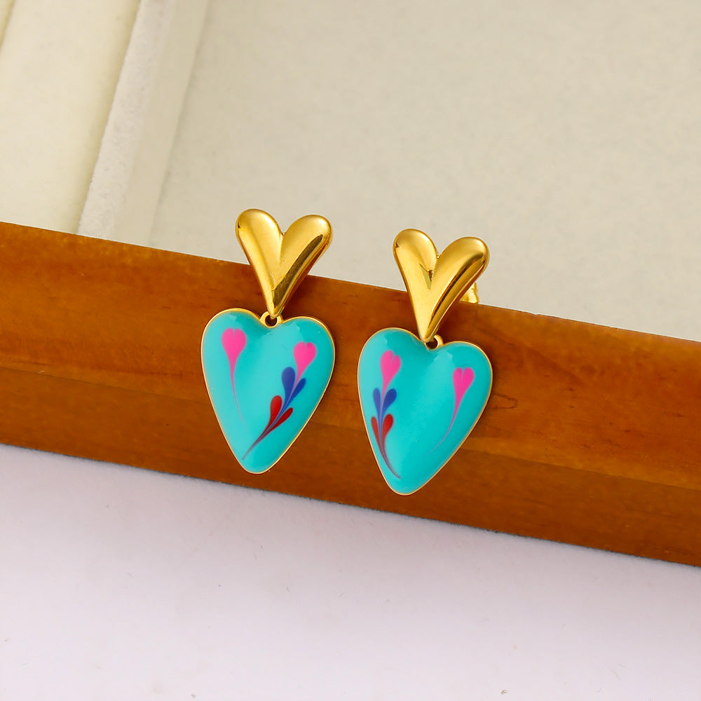 Colored Loving Heart Drop Oil Fashionable Stainless Steel Heart-shaped Earrings