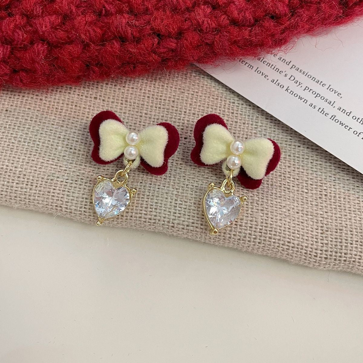 Red Flocking Bow Female Sier Needle Sweet Exquisite Earrings