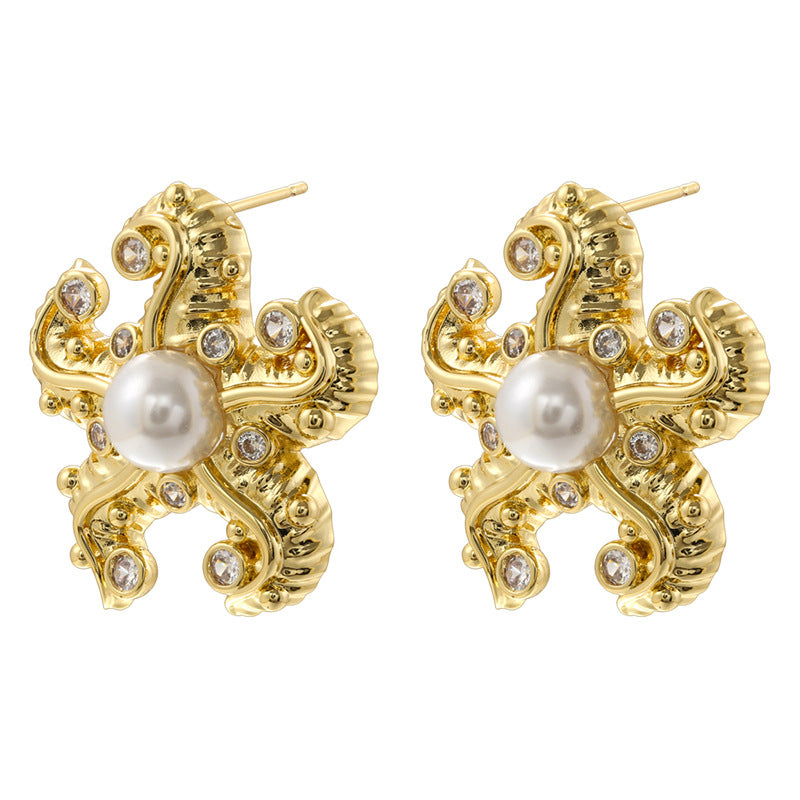 Fishtail Shape Starfish Gold Inlaid Pearl Earrings