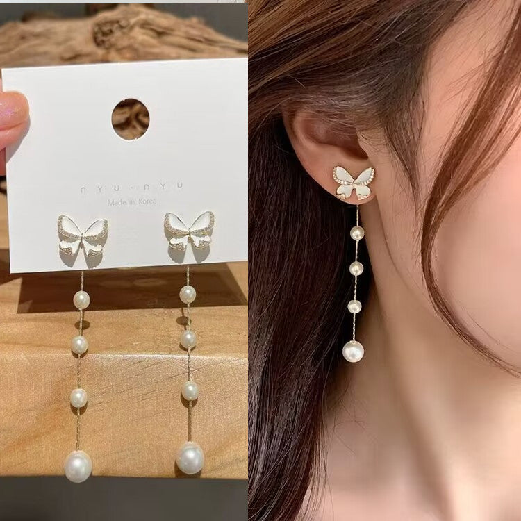 Women's Long Sier Needle Tassel Face Slimming Earrings