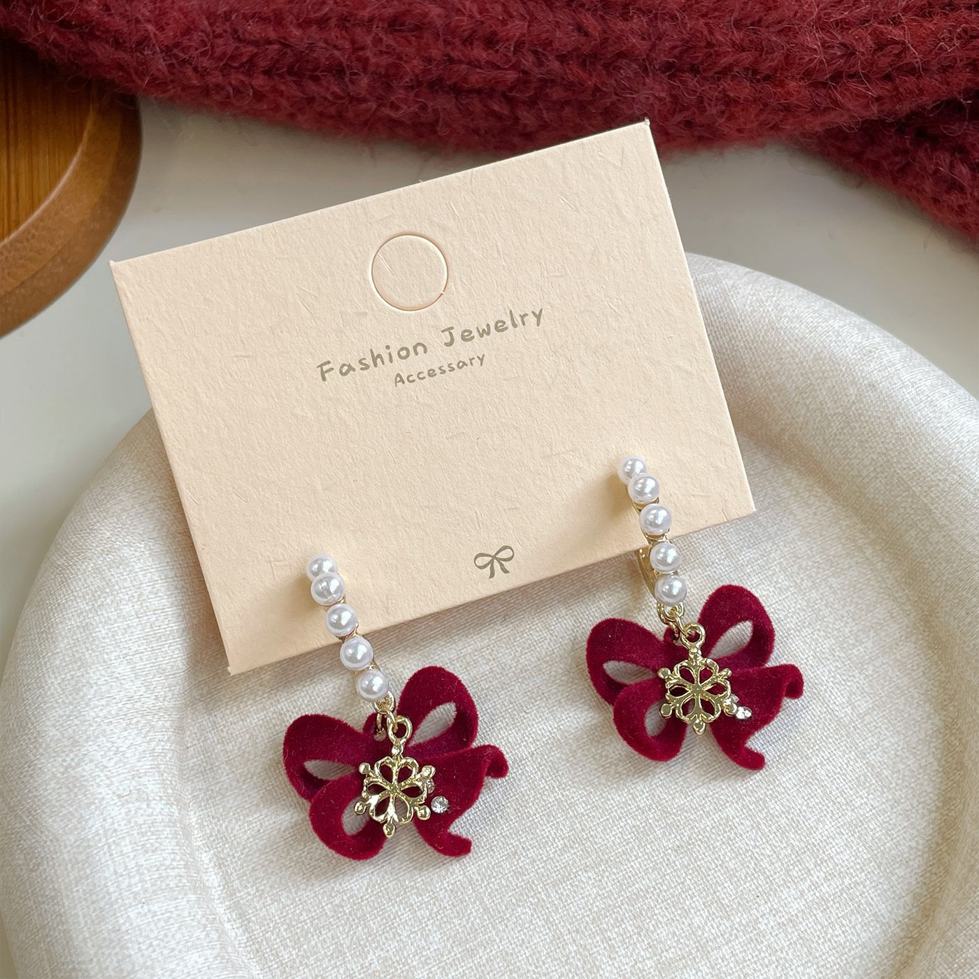 Red Flocking Bow Female Sier Needle Sweet Exquisite Earrings