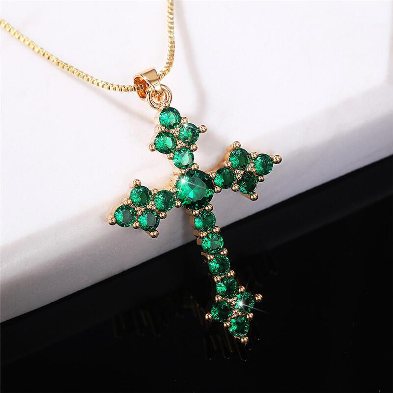 Women's Elegant Crystal Cross Trendy Emerald Necklaces