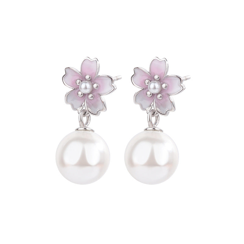 Women's Pink Cherry Blossom Ear Fresh Sweet Pearl Light Earrings