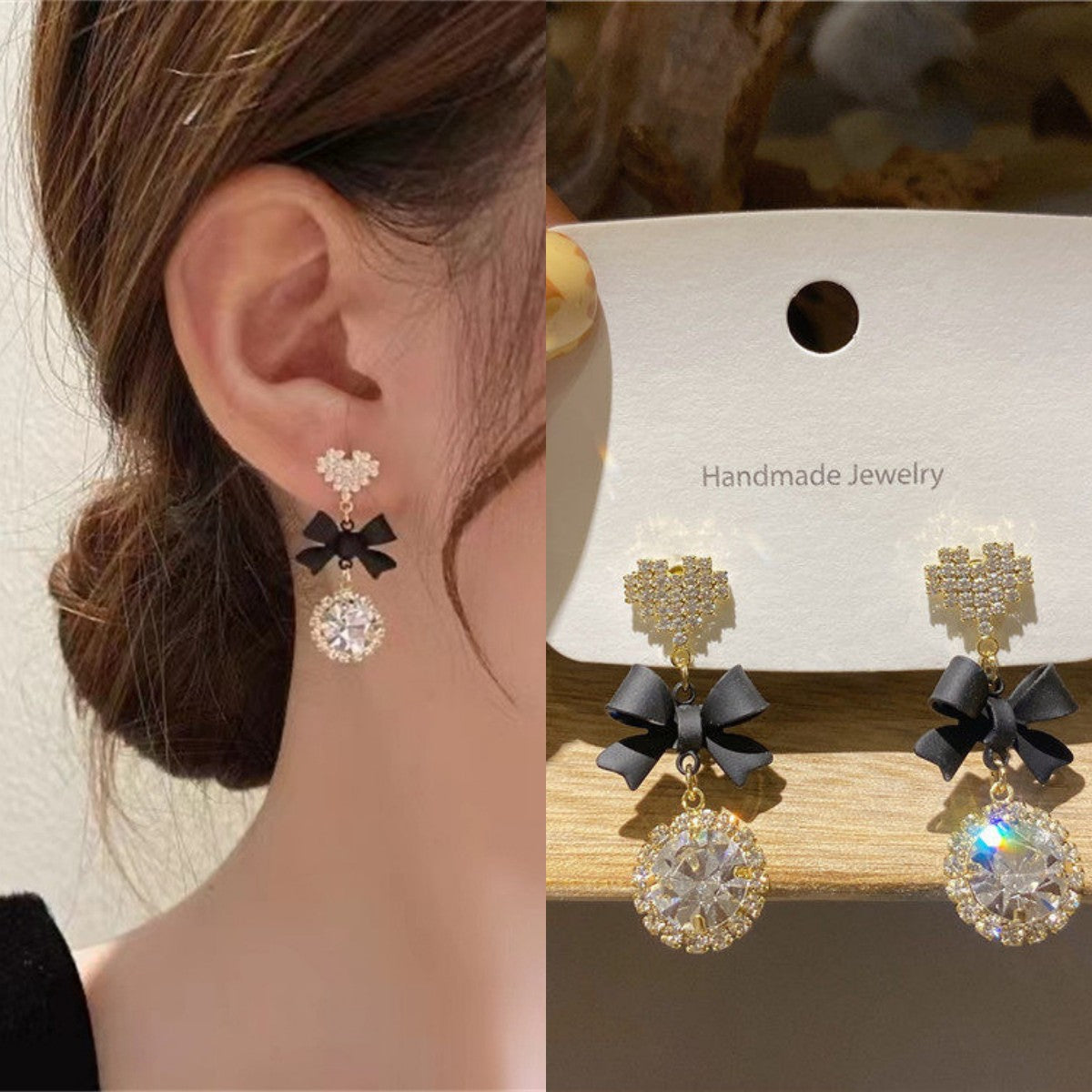 Needle Retro Black Bow Flower French Style Rhinestone Earrings