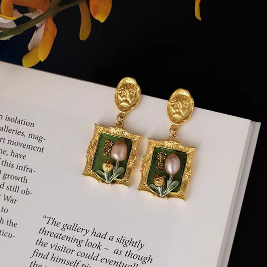 Green Oil Painting Ancient Style Flower Palace Baroque Earrings