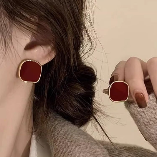 Sier Needle Vintage Red Square Design Earrings