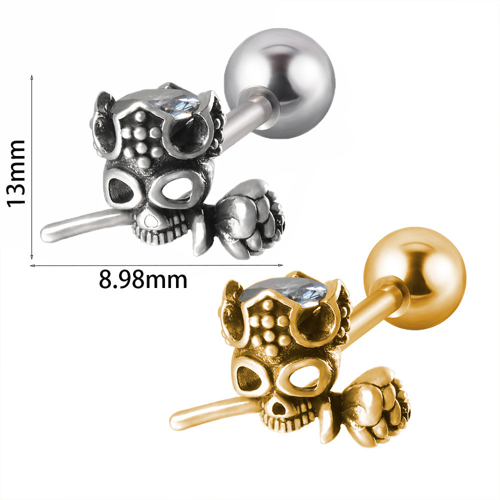 Stainless Steel Ghost Head Rose Male Thread Claw Snake-shaped Earrings