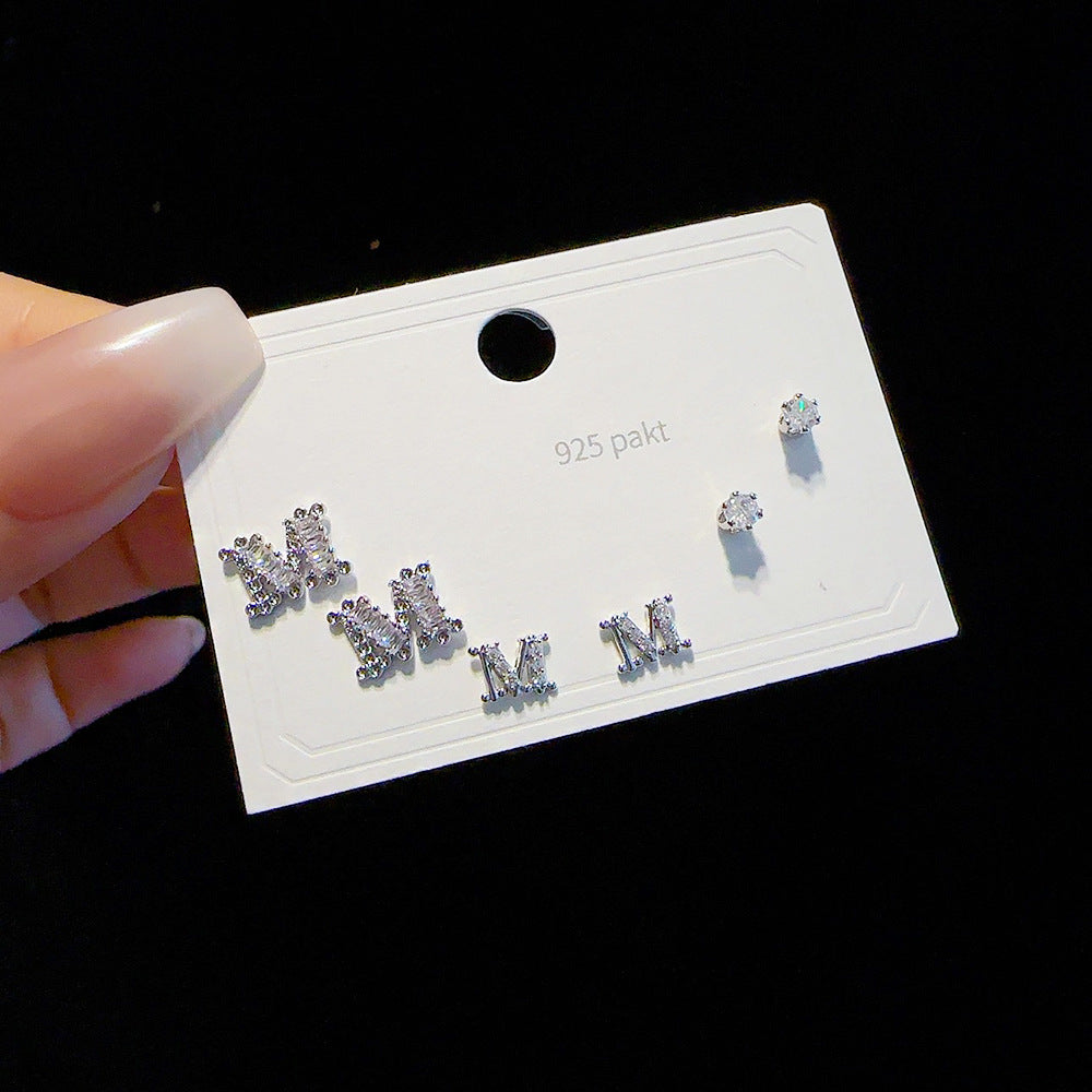 Women's Small Popular Sier Needle Ear One Card Three Pairs Earrings