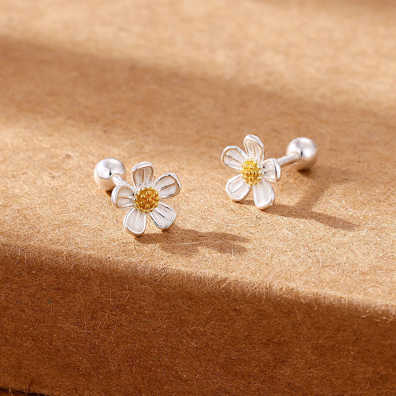 Sterling Sier Temperamental Screw Twist Flower Simple Earrings