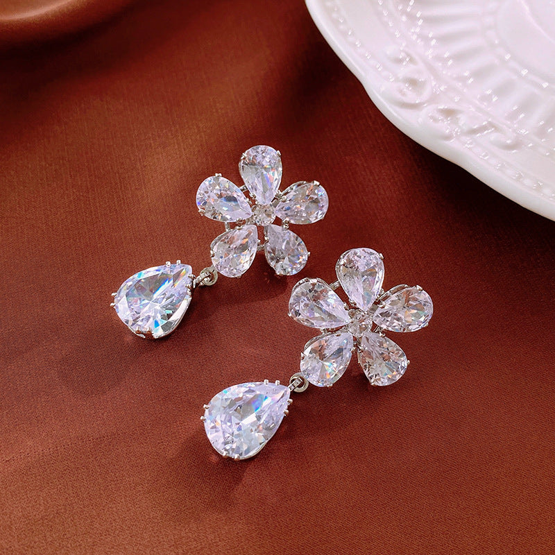 Women's Style Zircon Flower Water Drop Sier Pin Personality Super Earrings