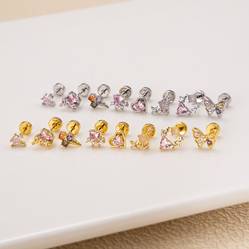 Heart-shaped Zircon Butterfly Stainless Steel Thin Rod Single Earrings