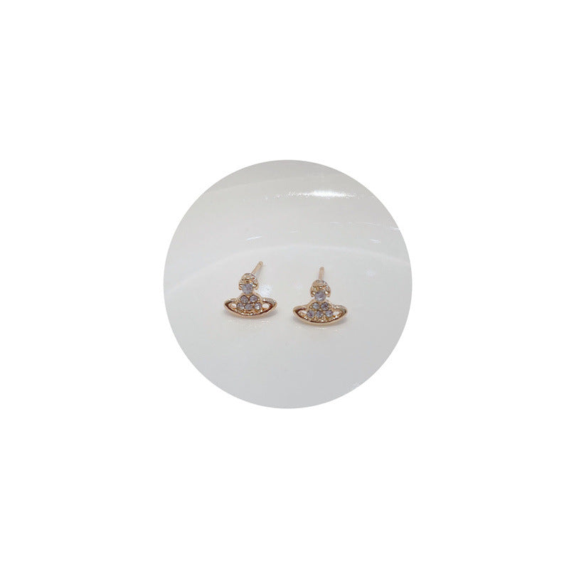 Diamond Saturn Mini Planet Sier Needle Universe Star Earrings