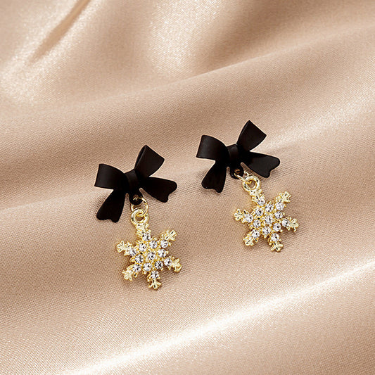 Black Bow Snowflake Light Luxury Temperament Minority Simple Earrings